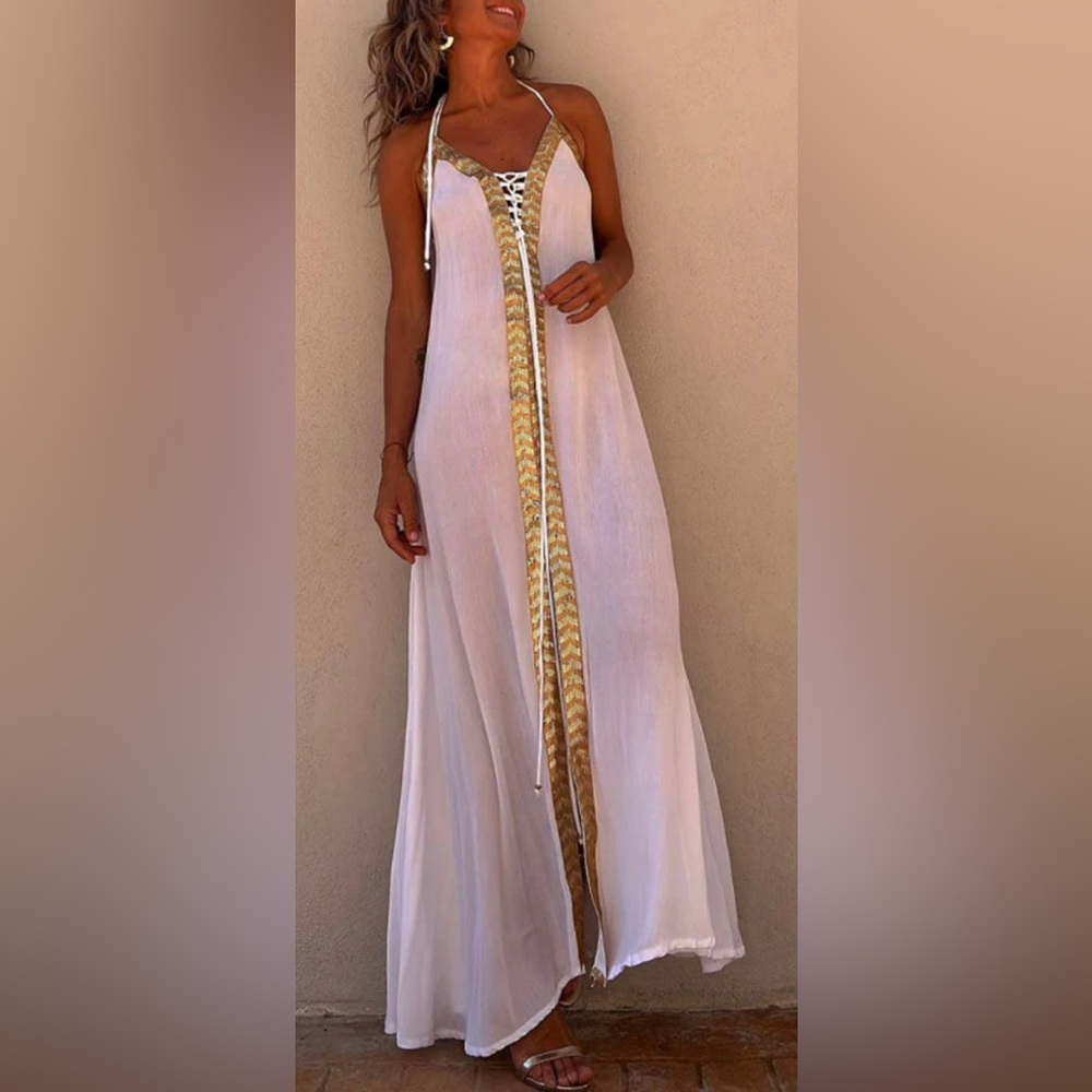 NIB Elegant White and Gold Maxi Dress